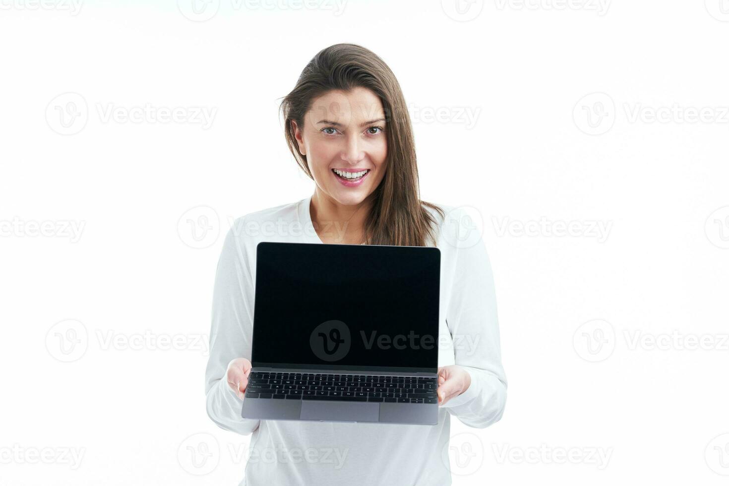 Isolated picture of brunette woman on white background with computer photo