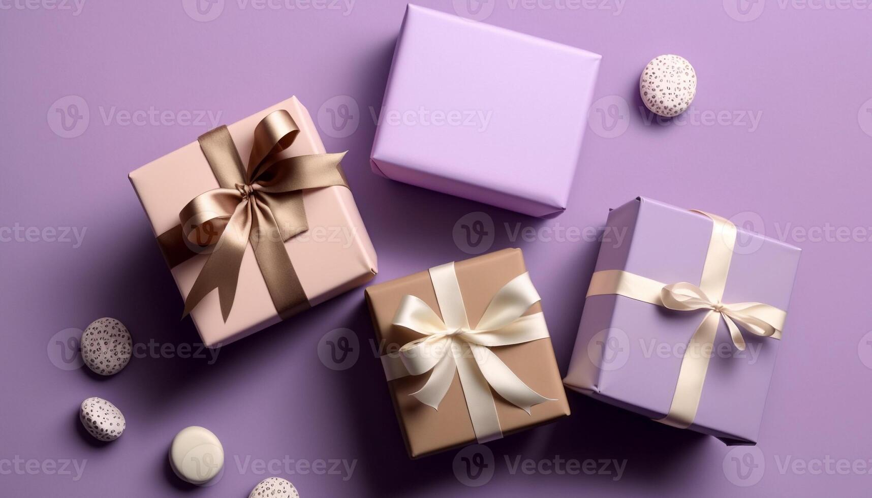 Craft gift boxes on lilac background. Flat lay mockup. photo