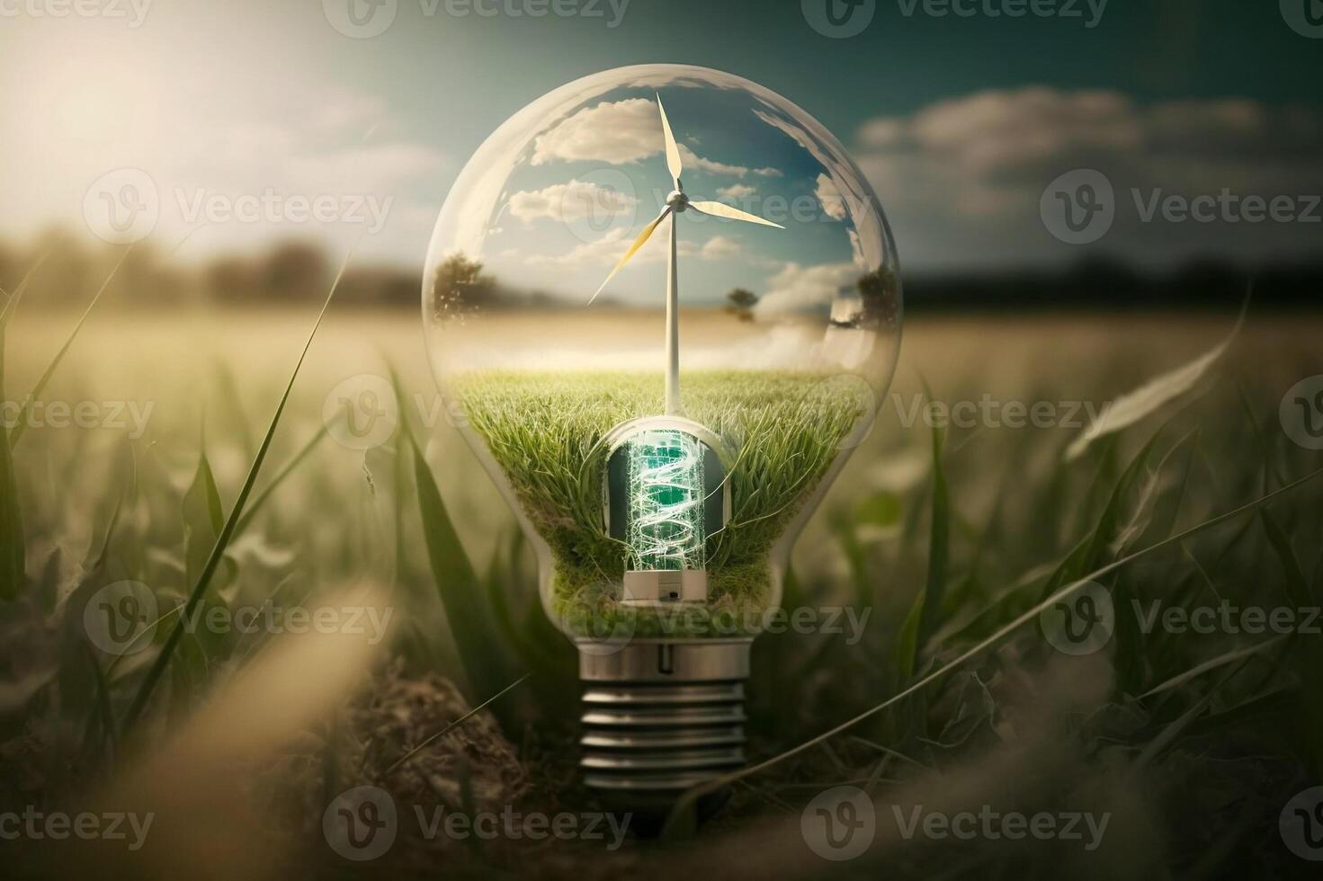 Green energy concept. Electric lightbulb and wind turbines in field. photo
