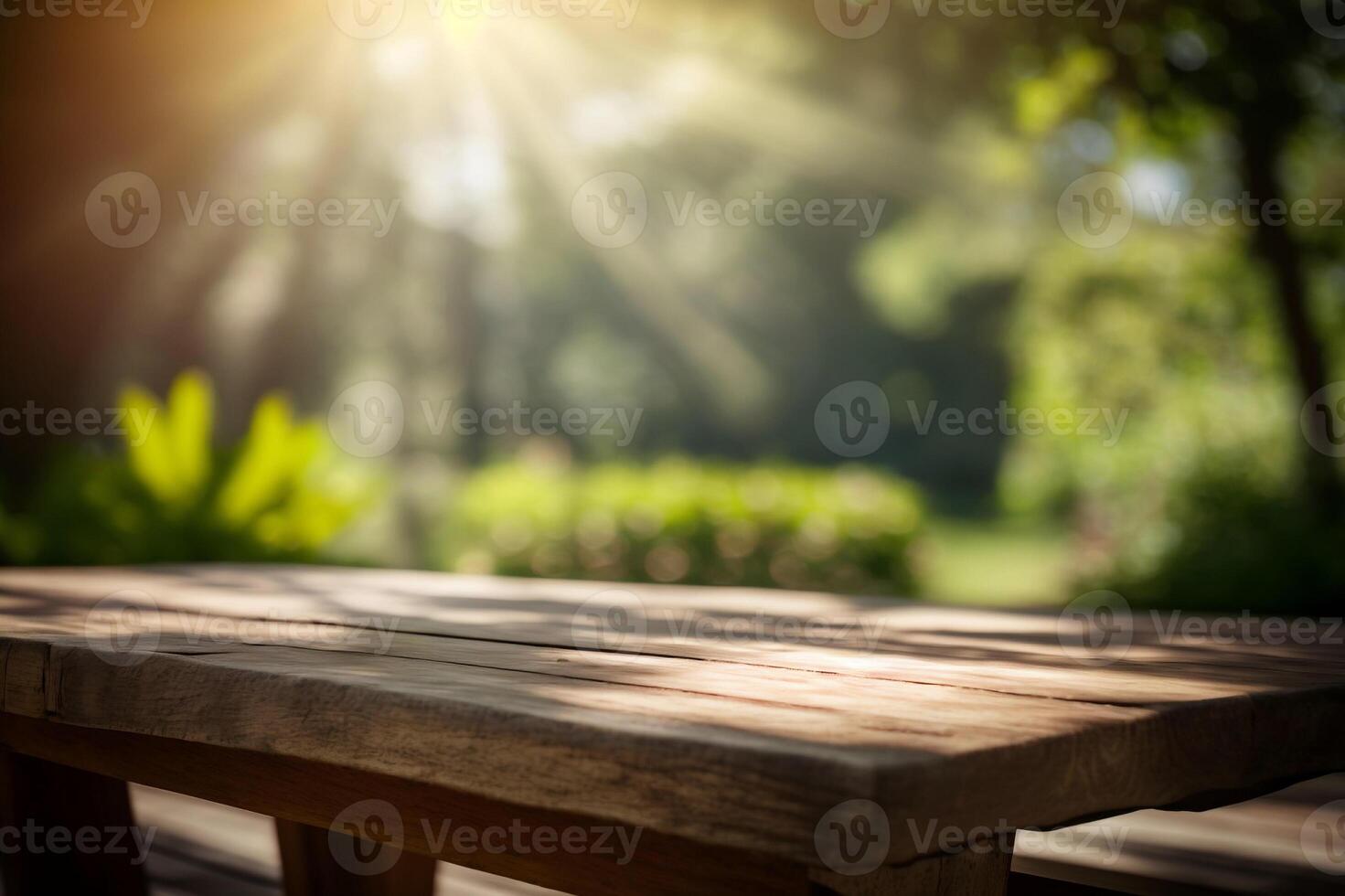 Empty wooden table in perspective for product display with blurred garden background. photo
