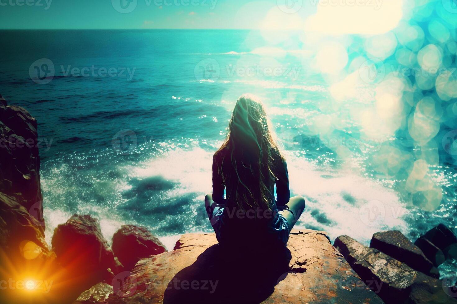 Girl meditating sitting on stone in lotus position on ocean shore. View from behind. photo