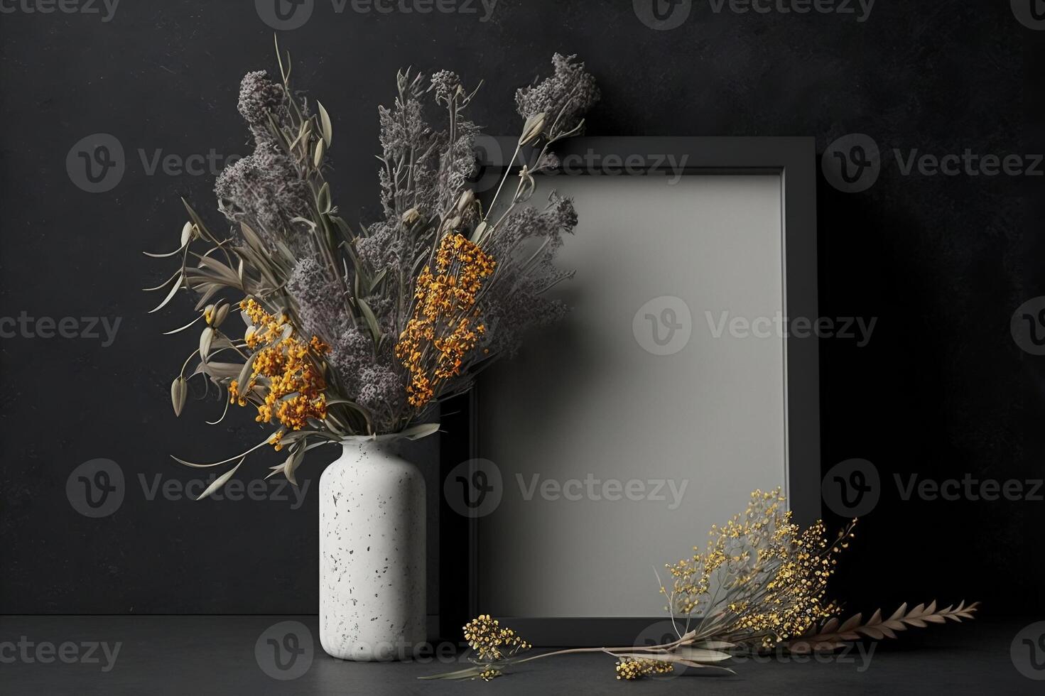 Black thin vertical frame mock up beside concrete vase with dry flowers over gray wall. Mockup concept. photo