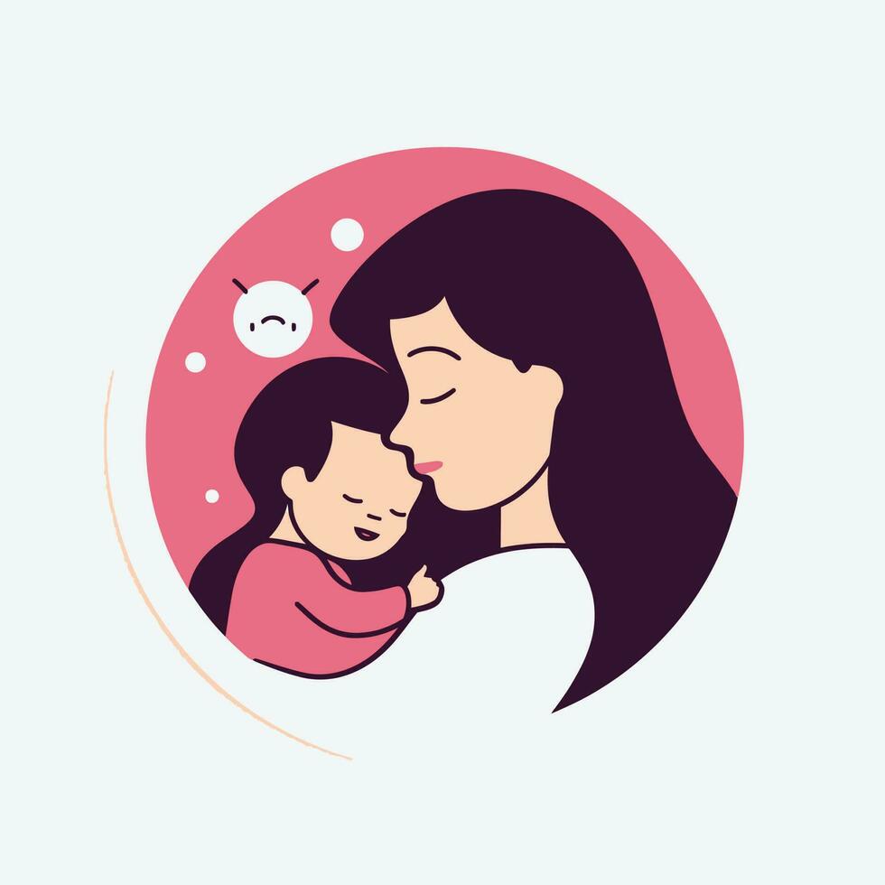 Vector Illustration Of Mother Holding Baby Son In Arms. Happy Mother's Day Greeting Card.