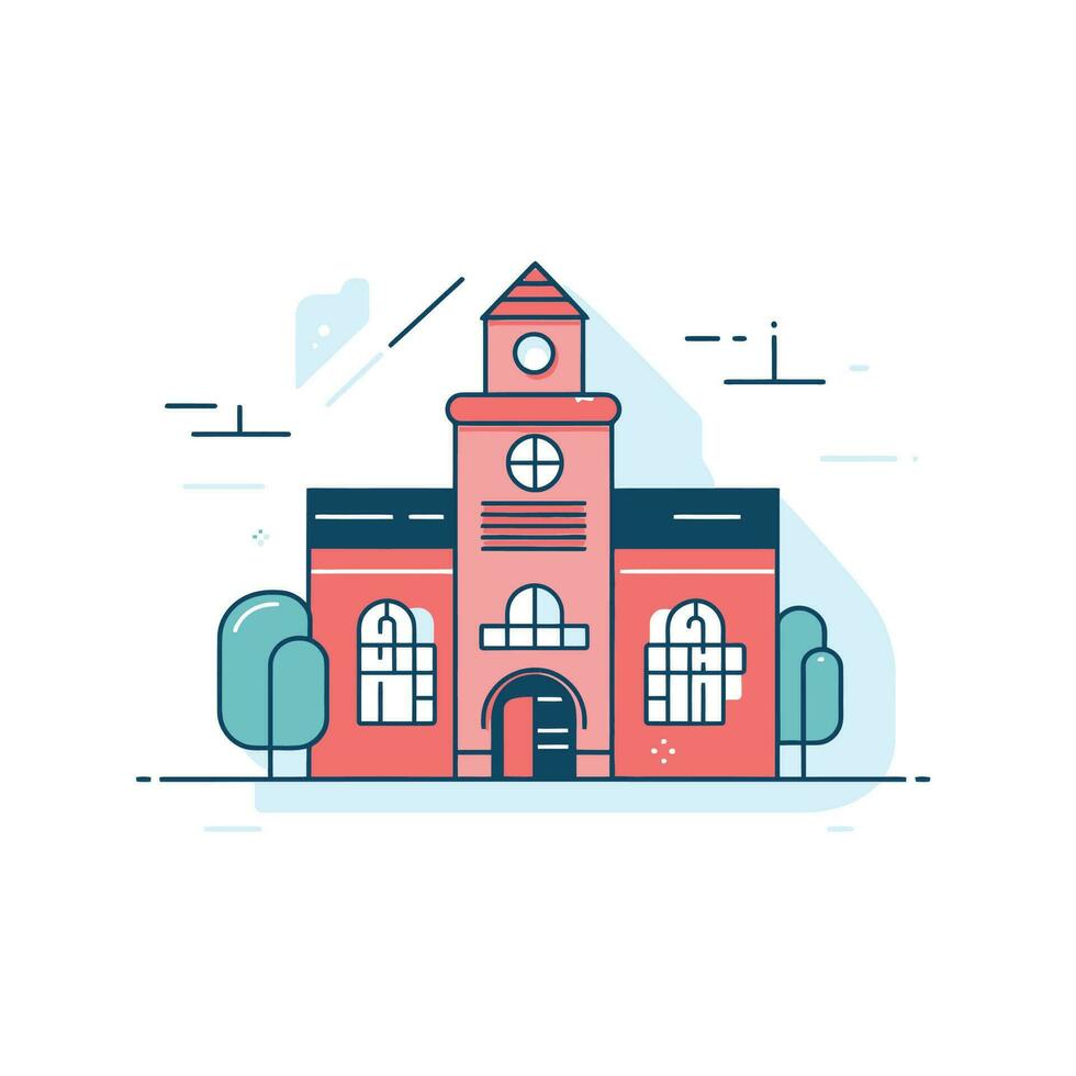 Isolated school building. Landscape with grass and clouds. Urban exterior. vector
