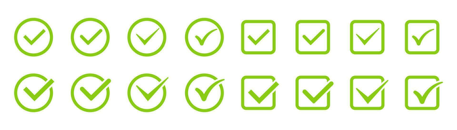Green checkmark tick set. Correct tick symbol. Round and square checkmark tick. Correct sign icons. Approved symbol in green. Positive choice sign. Stock vector illustration