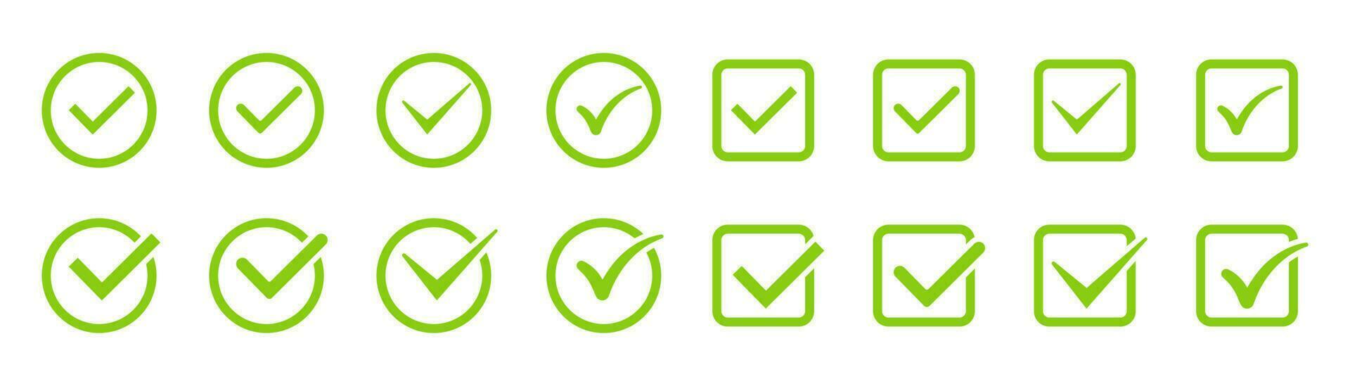 Green checkmark tick set. Correct tick symbol. Round and square checkmark tick. Correct sign icons. Approved symbol in green. Positive choice sign. Stock vector illustration