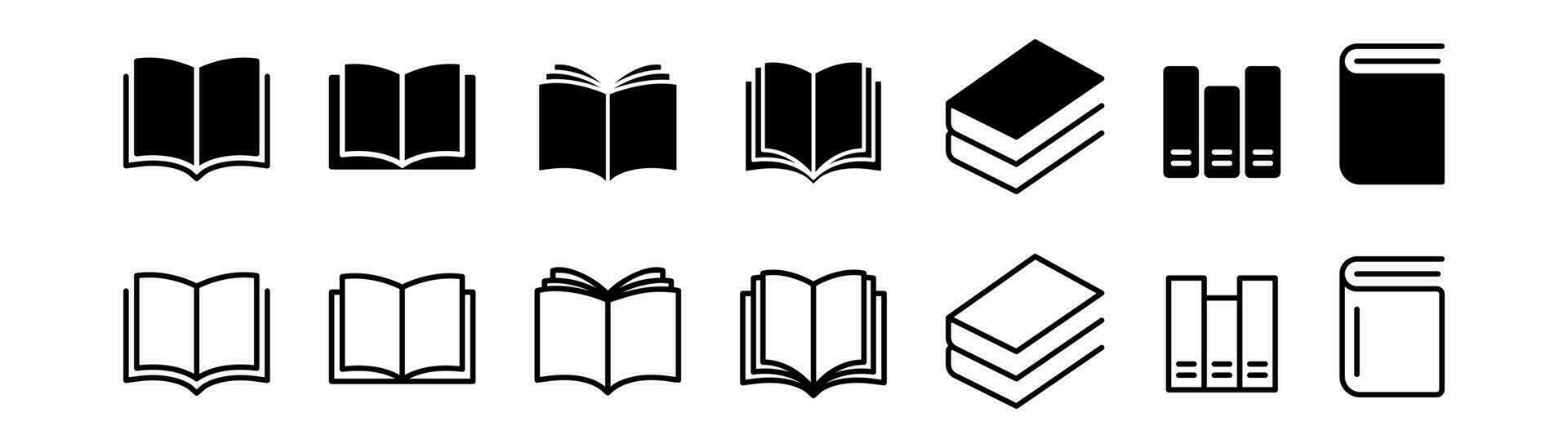 libro icono colocar. negro libro iconos contorno libro símbolo. biblioteca símbolo en glifo. abierto y cerrado diccionario colocar. educación signo. valores vector ilustración