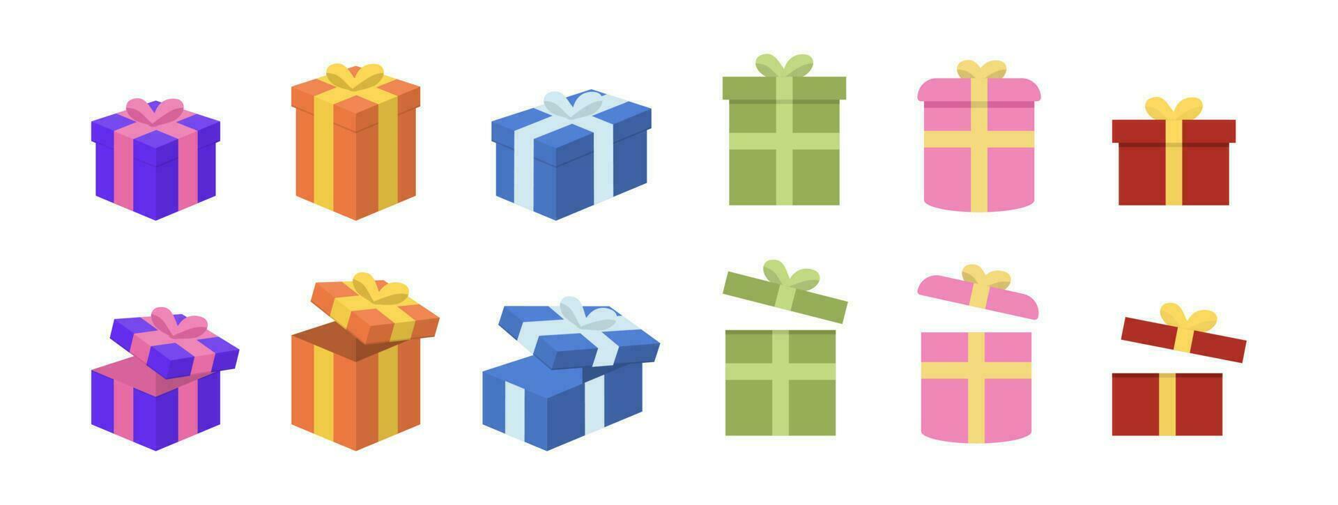 presente caja recopilación. regalo caja icono colocar. cerrado y abierto regalo caja recopilación. cumpleaños paquete icono. vector