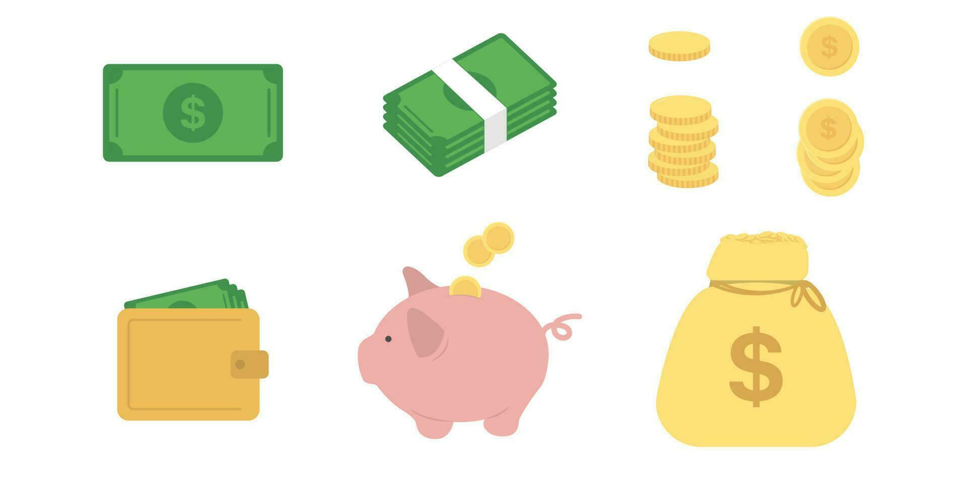 Money illustration in flat. Paper dollar in green. Gold coin icon. Piggy bank in flat. Wallet with money. Bag with gold. Money illustration in vector