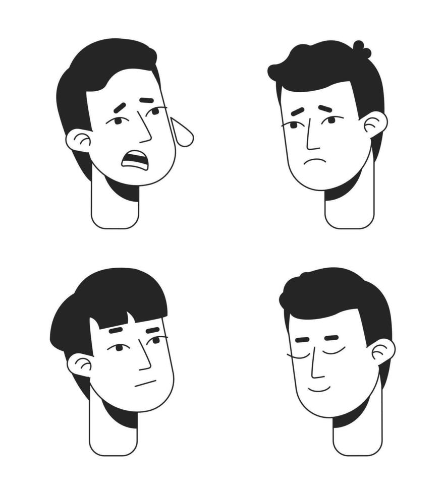 Men emotional problems flat line monochromatic vector character heads pack. Depression relief. Editable outline avatar icons. 2D cartoon line spot illustration set for web graphic design, animation
