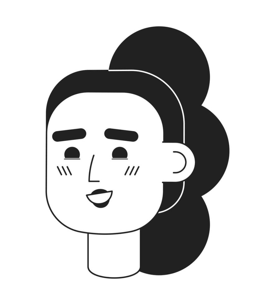 Excited girl with bubble braid ponytail monochromatic flat vector character head. Editable black white cartoon face emotion. Hand drawn lineart ink spot illustration for web graphic design, animation