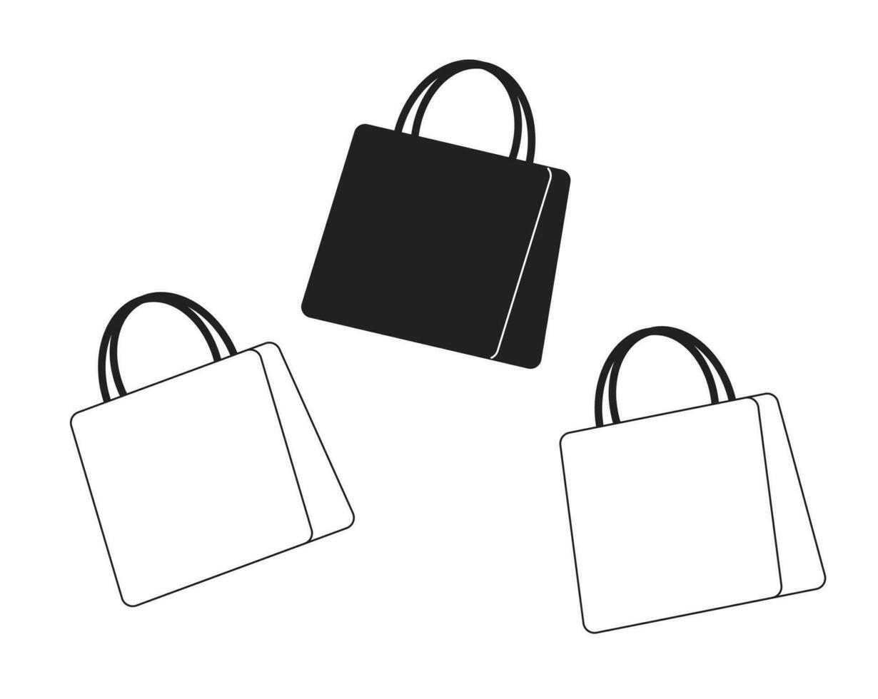 Branded retail shopping bags monochrome flat vector objects. Package for gift. Editable black and white thin line icons. Simple cartoon clip art spot illustration for web graphic design and animation