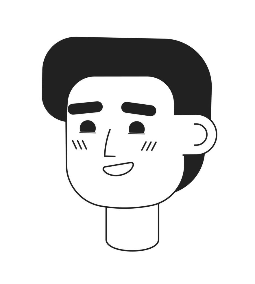 Thrilled with joy boy raising eyebrows monochromatic flat vector character head. Editable black white cartoon face emotion. Hand drawn lineart ink spot illustration for web graphic design, animation