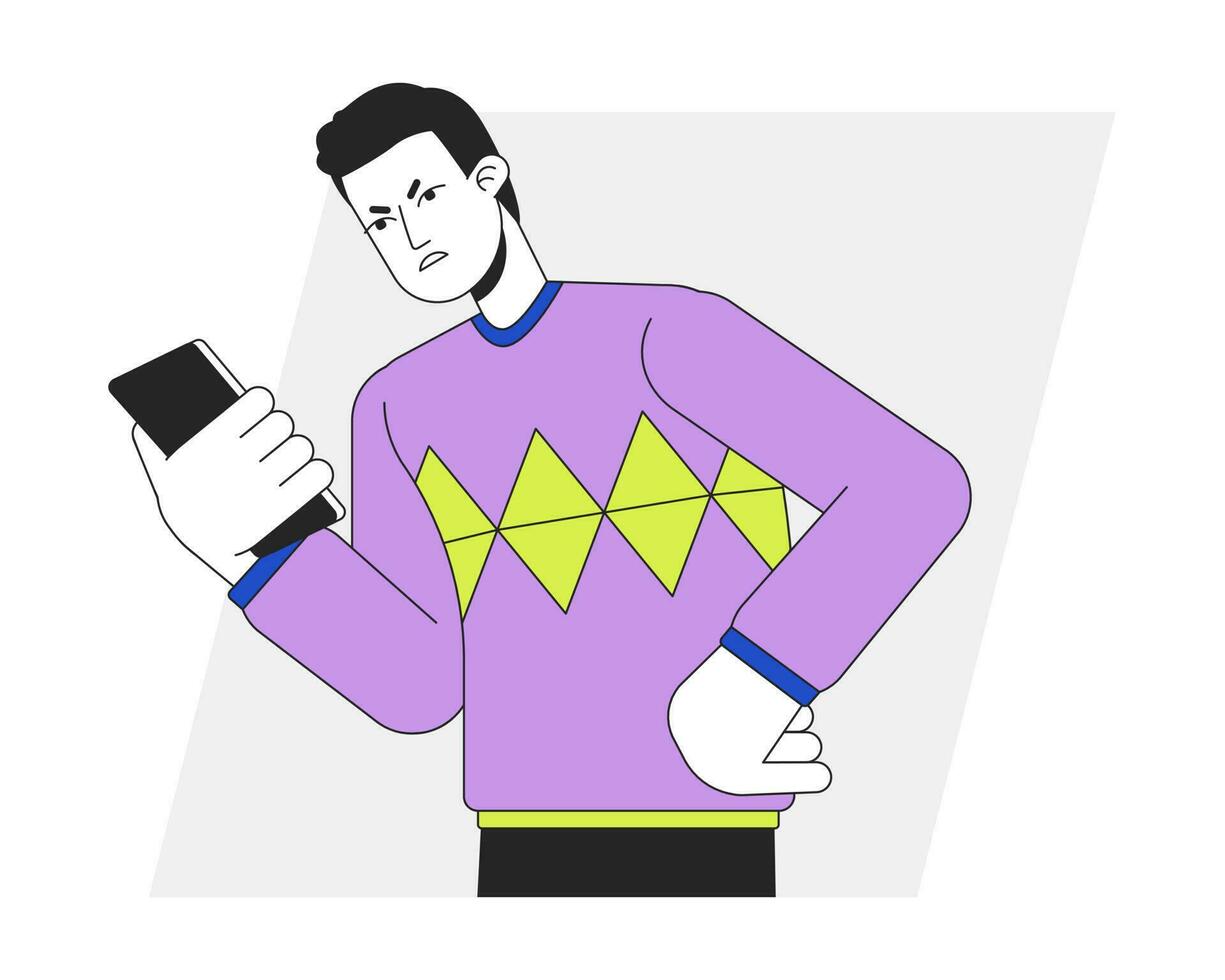 Angry caller looking at phone flat line vector spot illustration. Irritated man squeezing smartphone 2D cartoon outline character on white for web UI design. Editable isolated colorful hero image