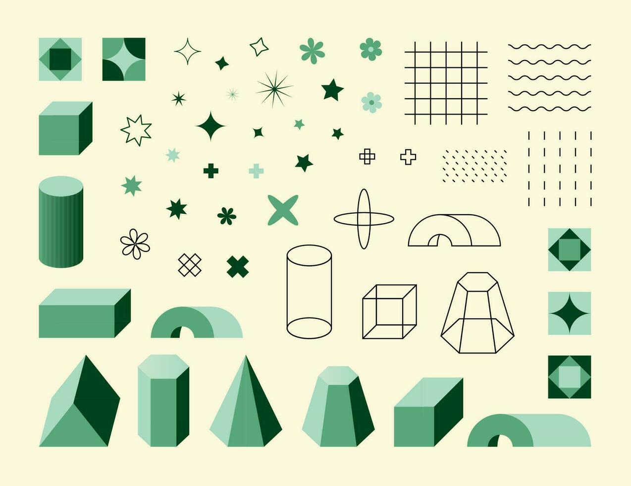 Set of geometric shapes and cartoon objects, graphic design elements. Flat design. vector