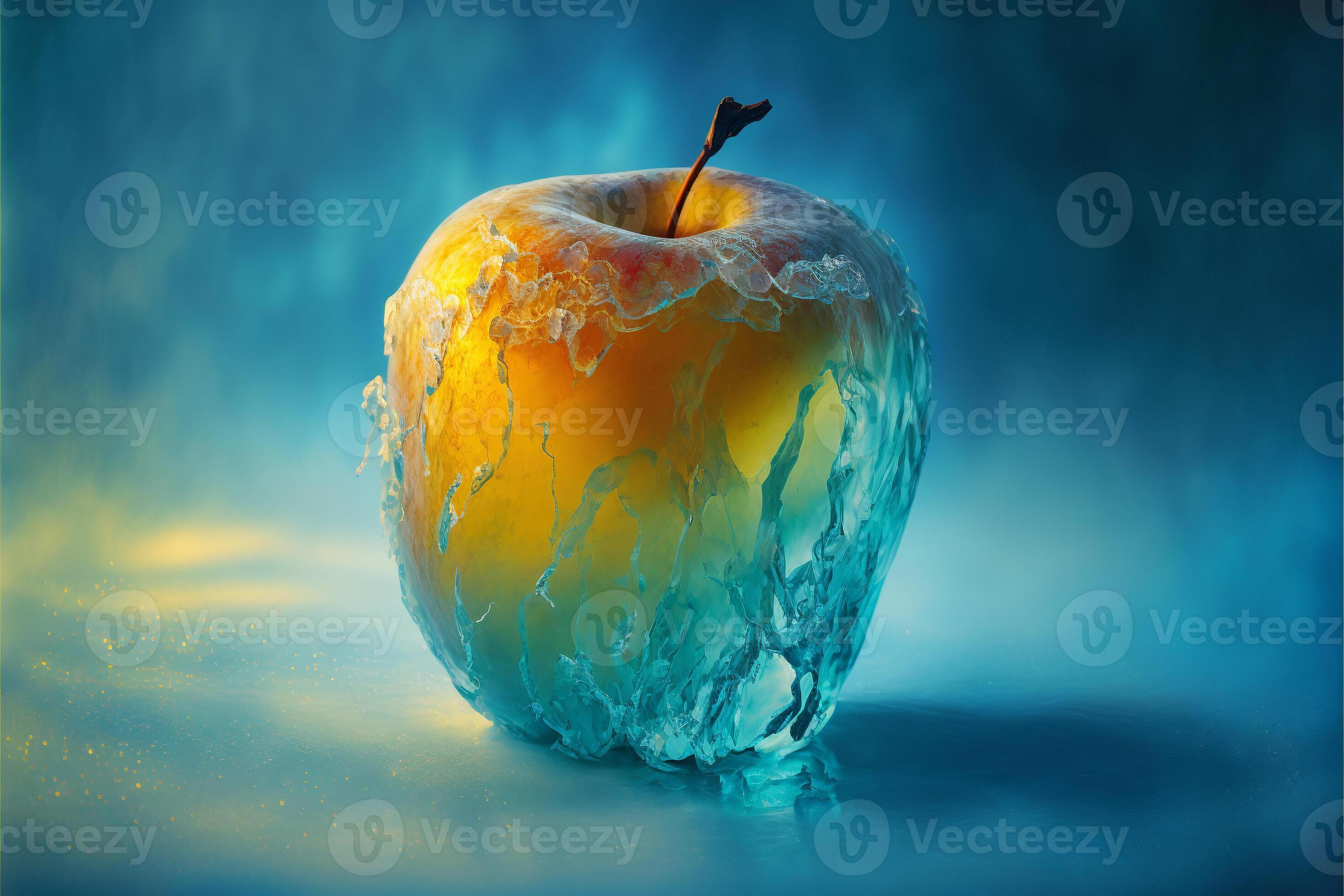 A yellow frozen apple covered in ice. Generative AI illustration