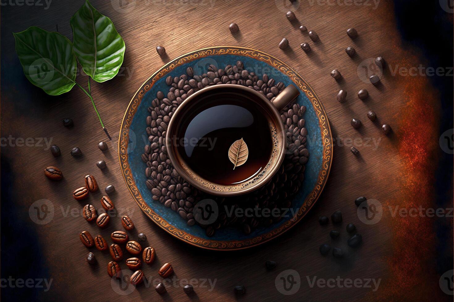 Coffee cup and coffee beans on wooden table, top view. illustration. photo