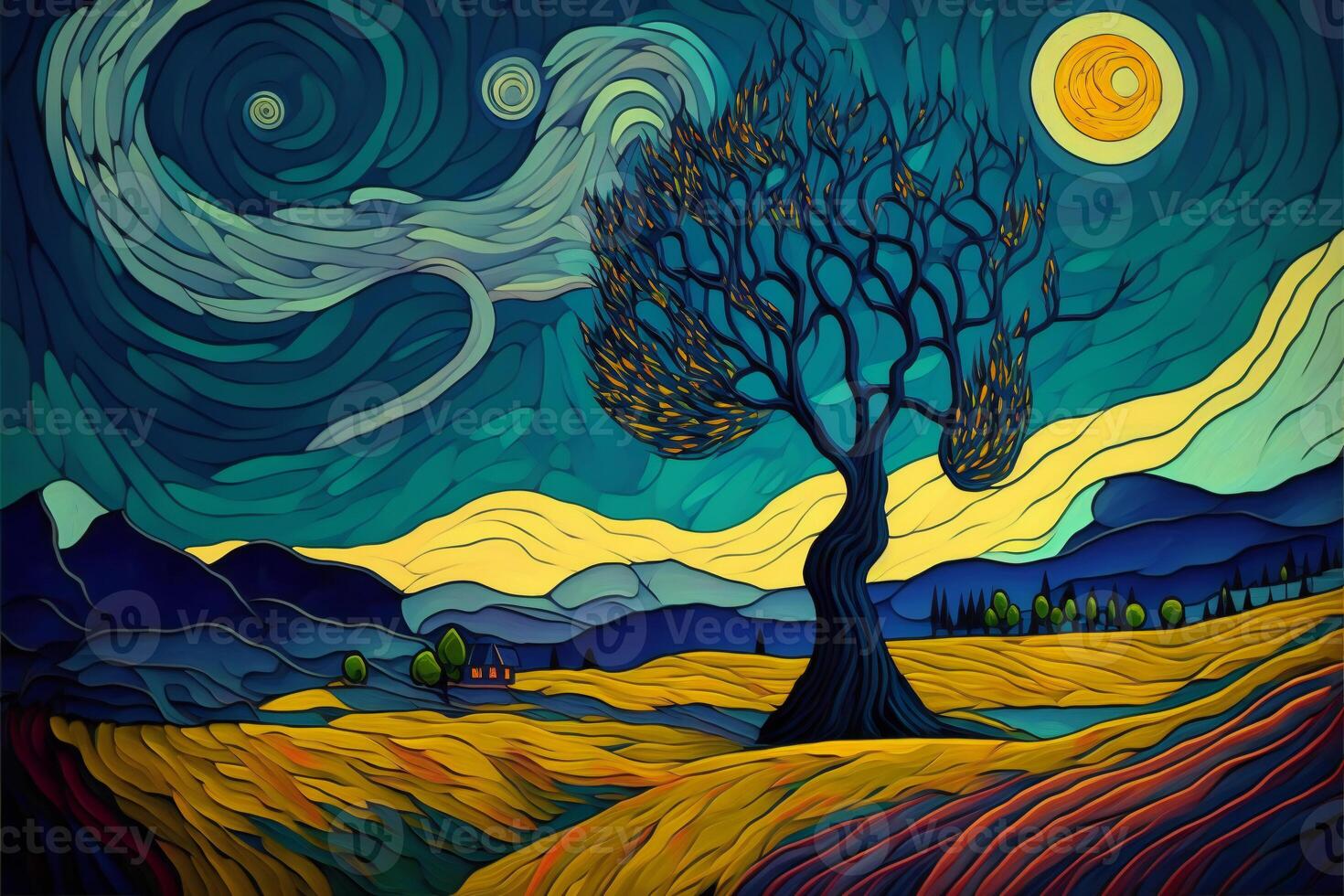 Whimsical Landscape. A stunning abstract illustration inspired by Van Gogh's style, featuring a curly tree against a backdrop of vibrant flower fields and a swirling sky. photo