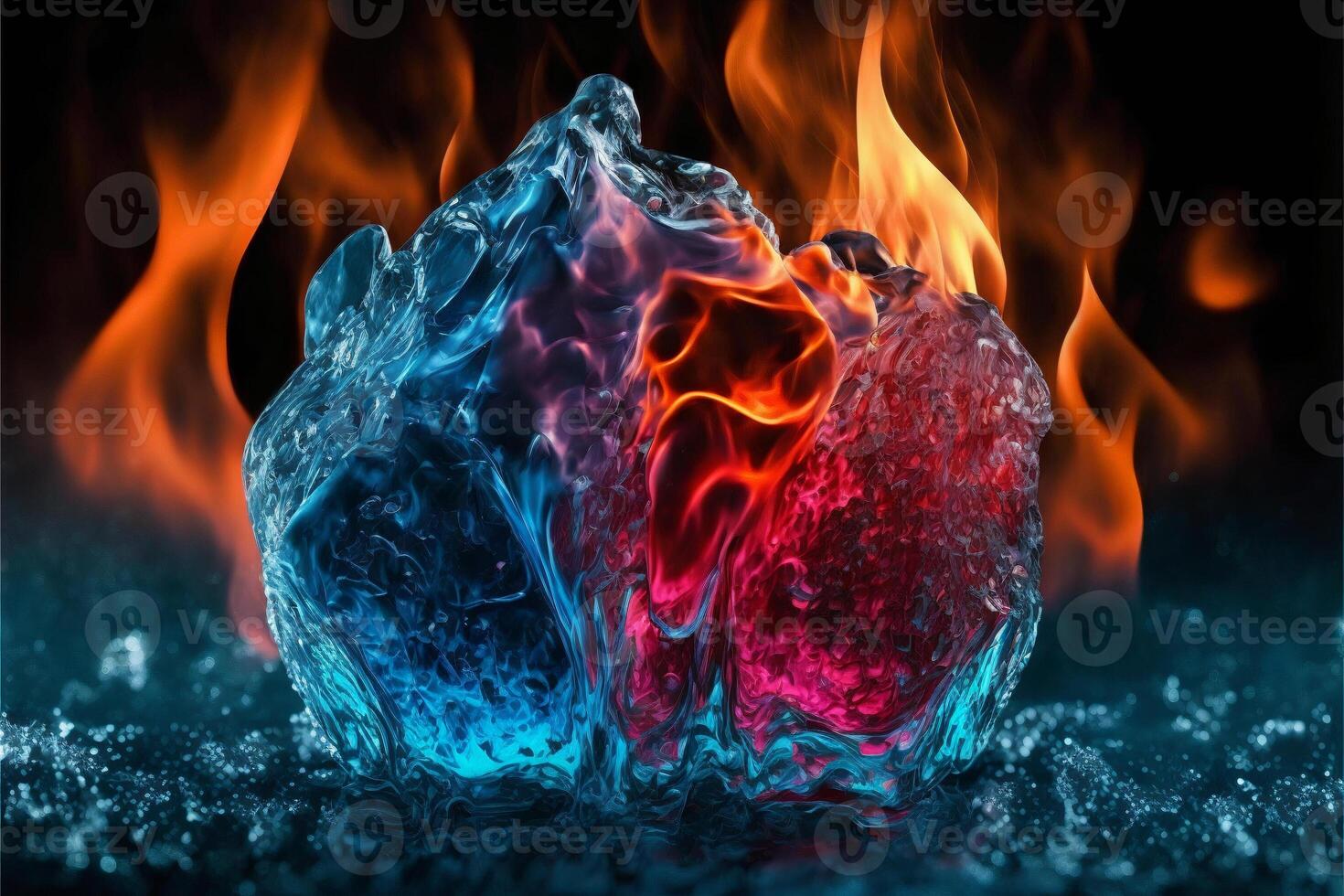 A piece of ice melts among the fire. illustration. photo