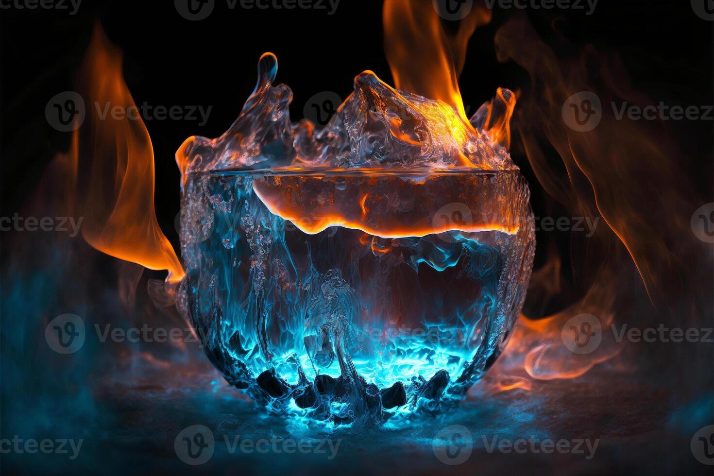 A bowl of melting ice enveloped in fire. illustration. photo