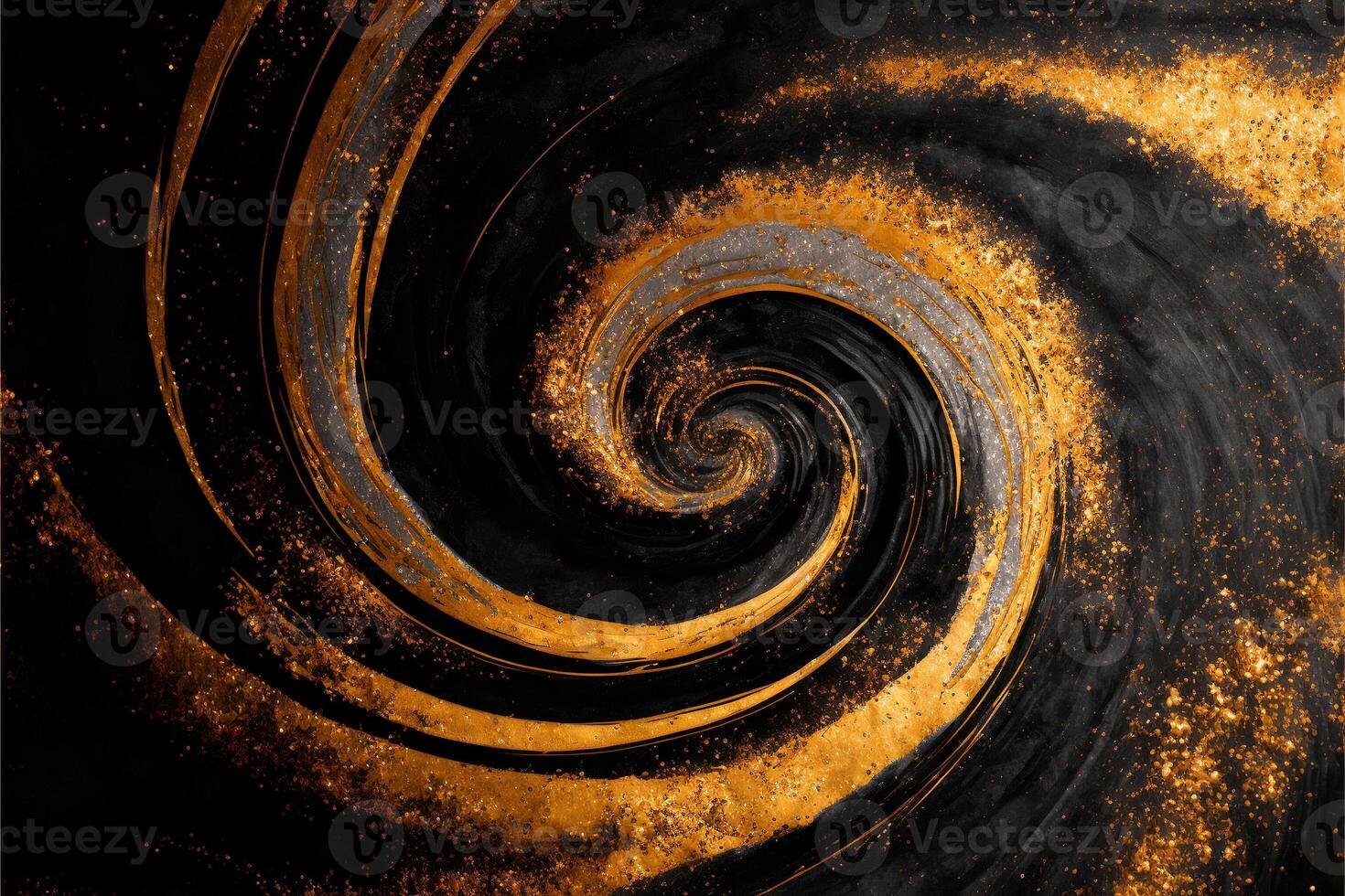 Abstract, black background made of swirly mix of gold, silver and haze. illustration. photo