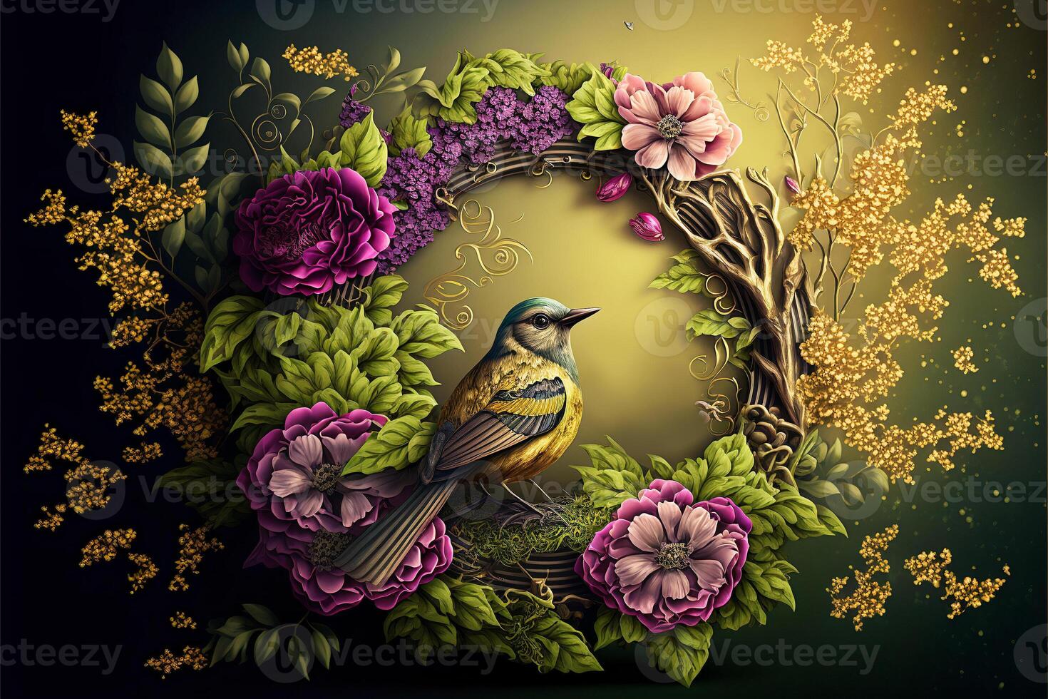A wreath of spring flowers and a cute bird in the middle. illustration. photo