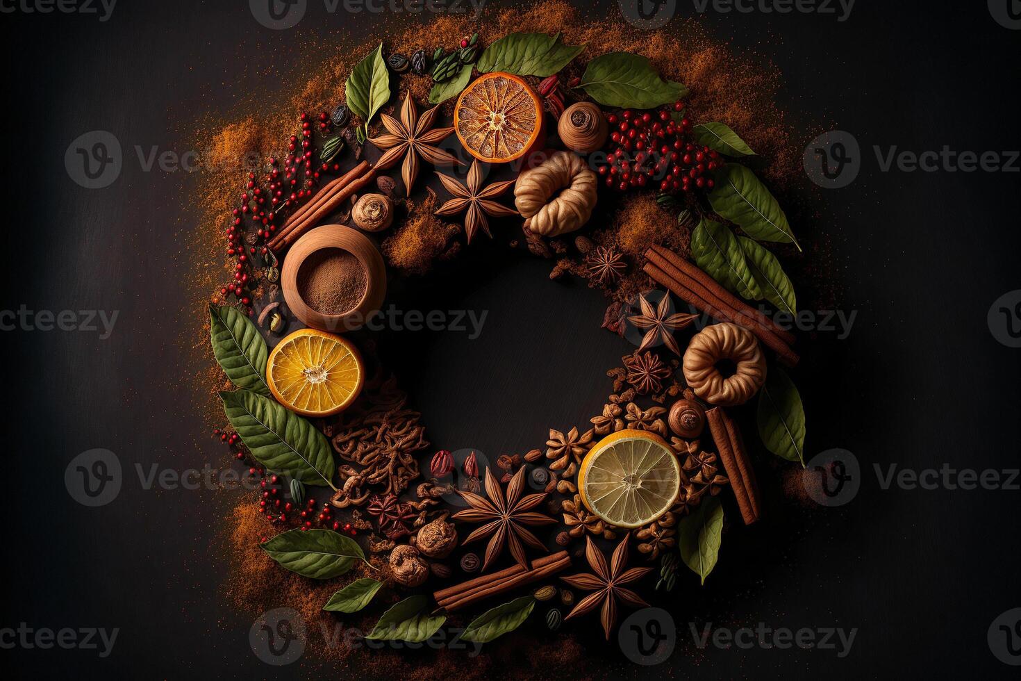 Christmas wreath of delicious mulled wine spices and herbs on dark background. Top view, illustration. photo