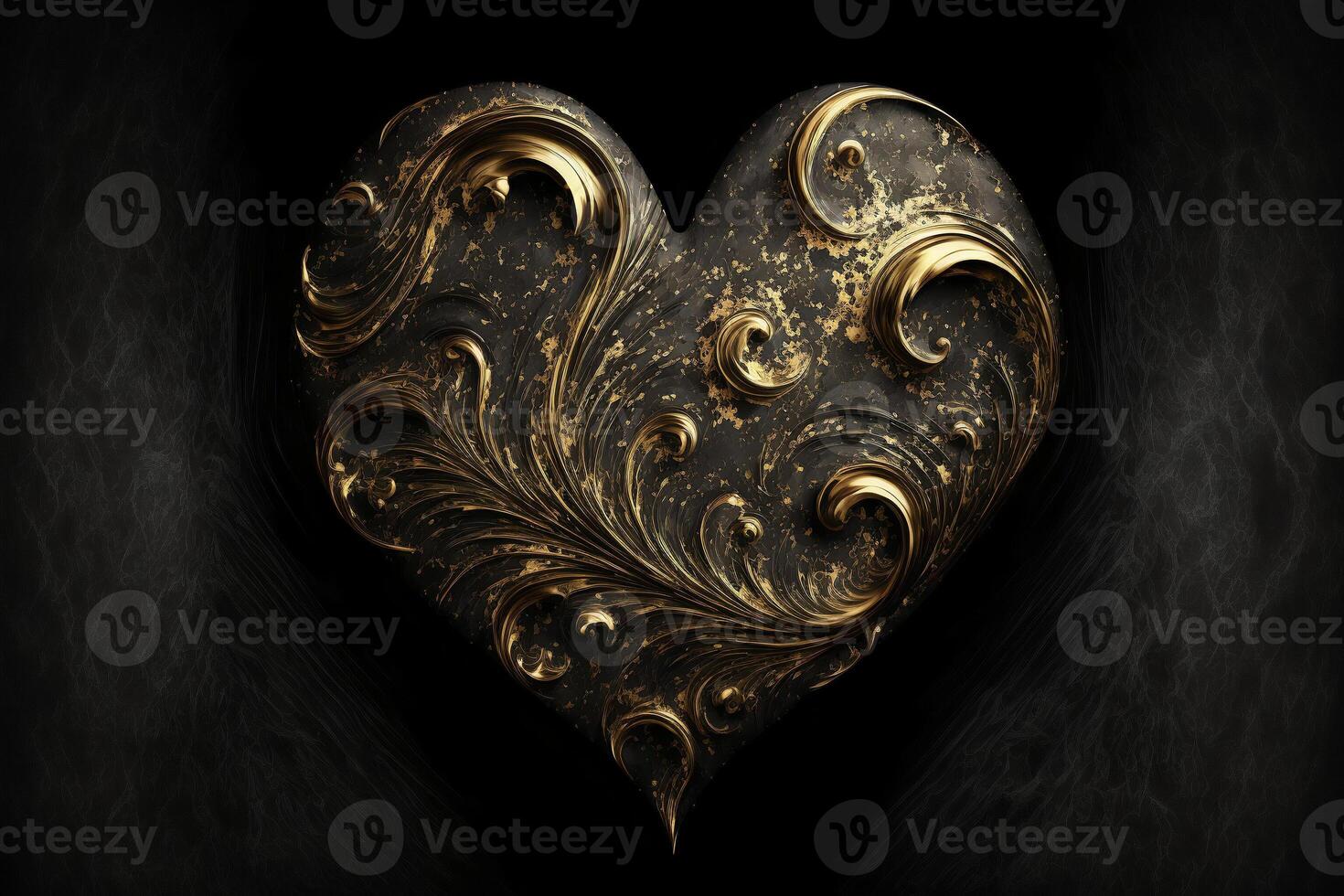 un corazón hecho de negro rock y dorado remolino patrones en un oscuro antecedentes. generativo ai ilustración. foto