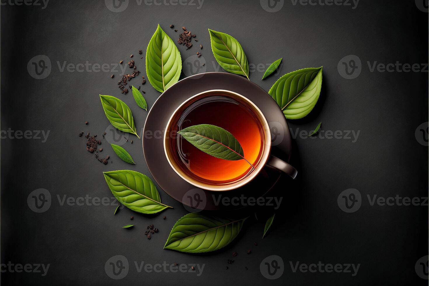 taza de té con verde té hojas en negro antecedentes. generativo ai ilustración. foto