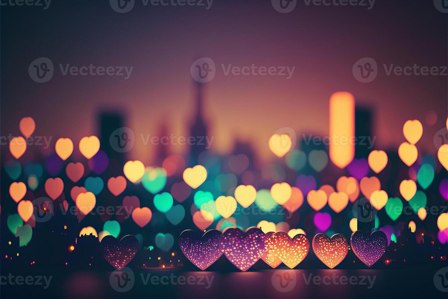 Bokeh glowing small love hearts looks like city lights. illustration. photo