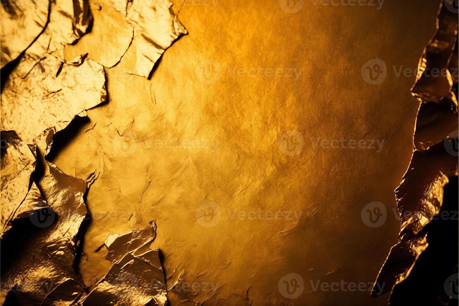 Shiny gold background made of rough textured gold foil with scratches and cracks. illustration. photo