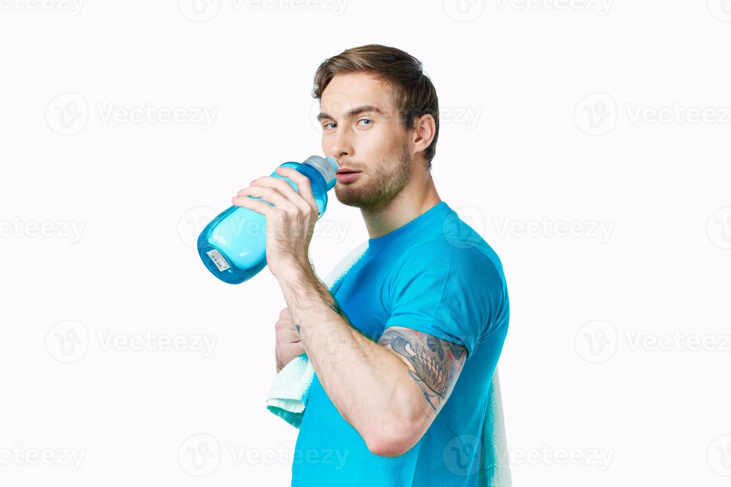 sports man blue t shirt water bottle thirst fitness photo