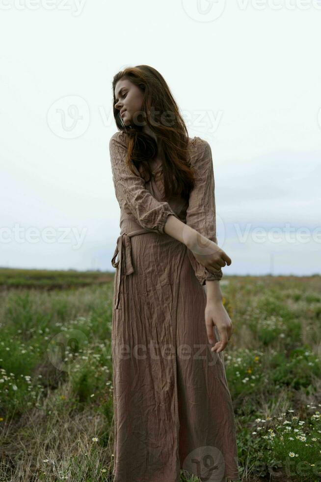 pretty woman long hair dresses charm outdoors supply elegant style photo