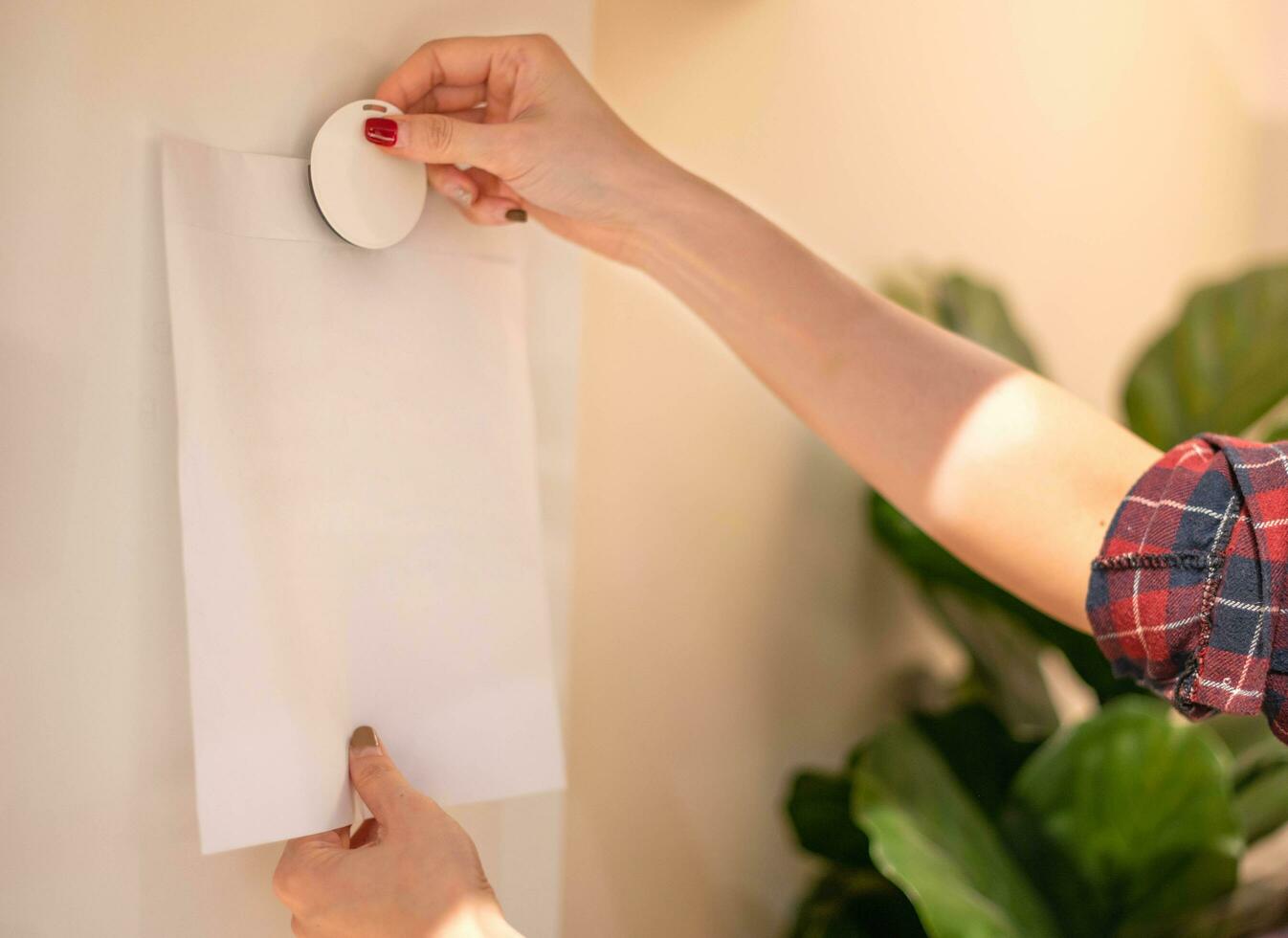 Female hand attaching pieces of white paper to the magnetic board for remind the important notice. photo