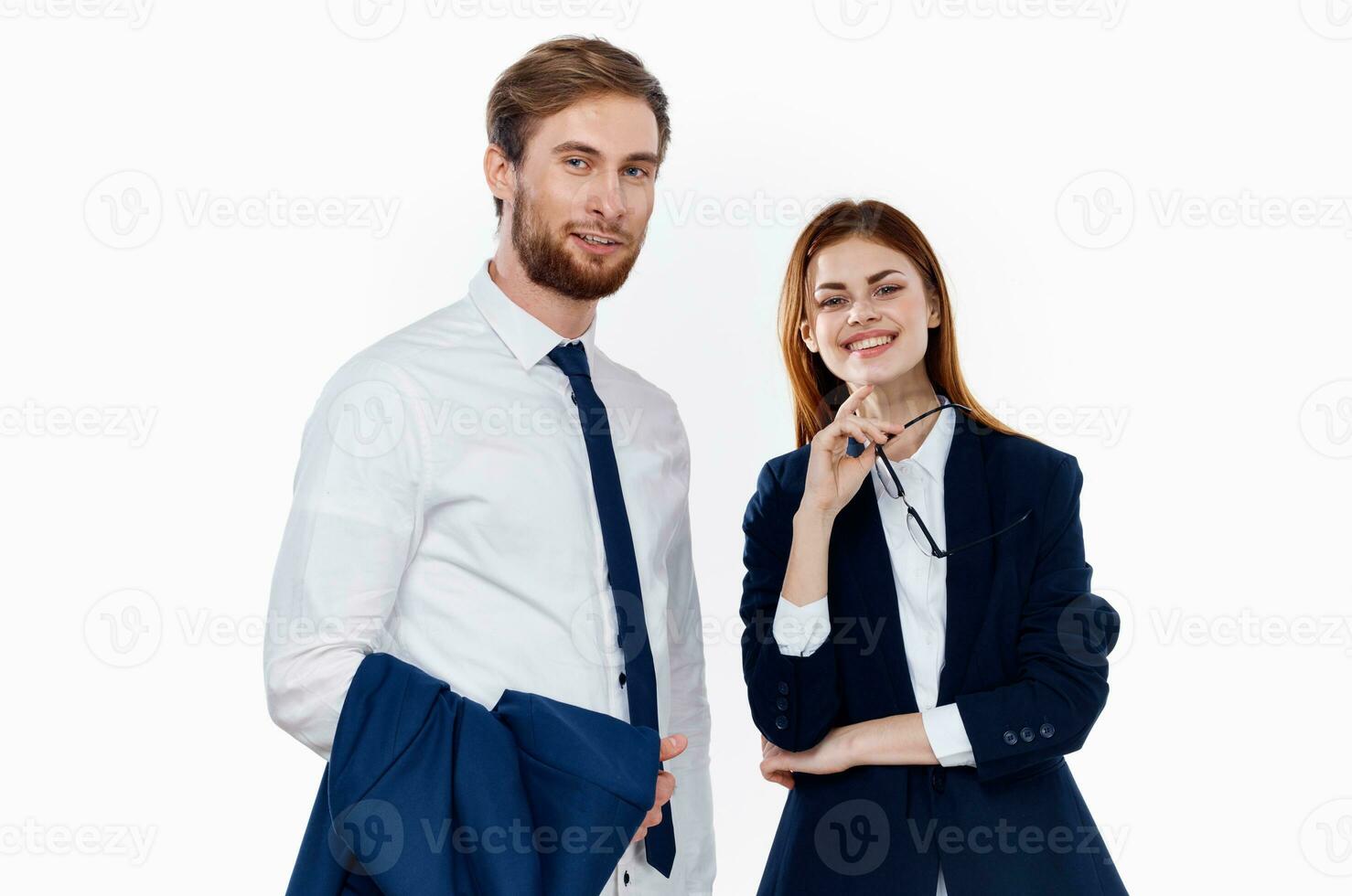 man and woman in suits working office professional photo