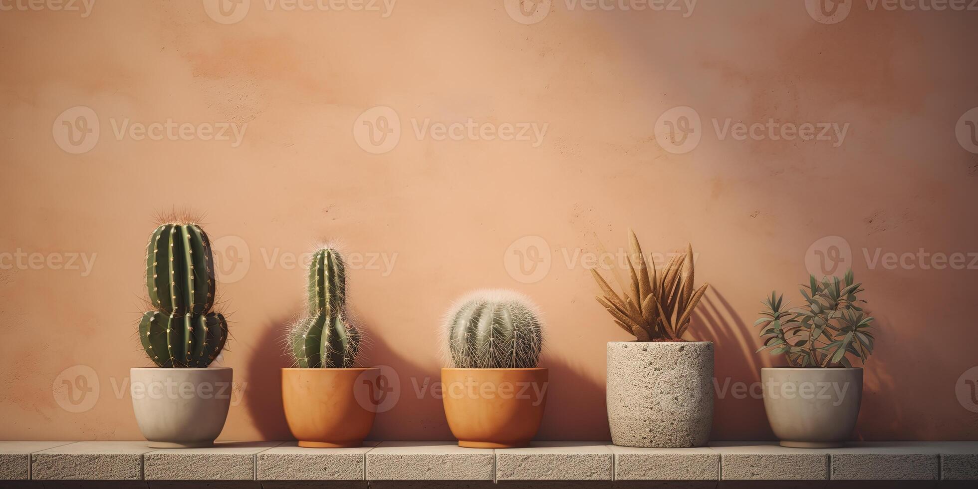 Tres pequeño en conserva cactus plantas en hormigón en frente de un brillantemente de colores pared ai generado foto