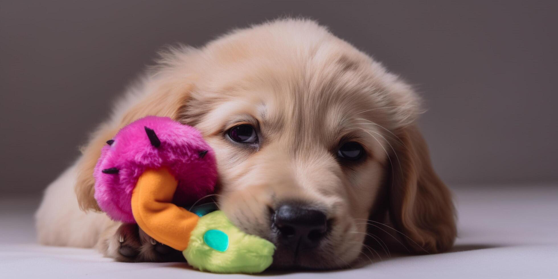 un perrito con un juguete en sus cabeza ai generado foto