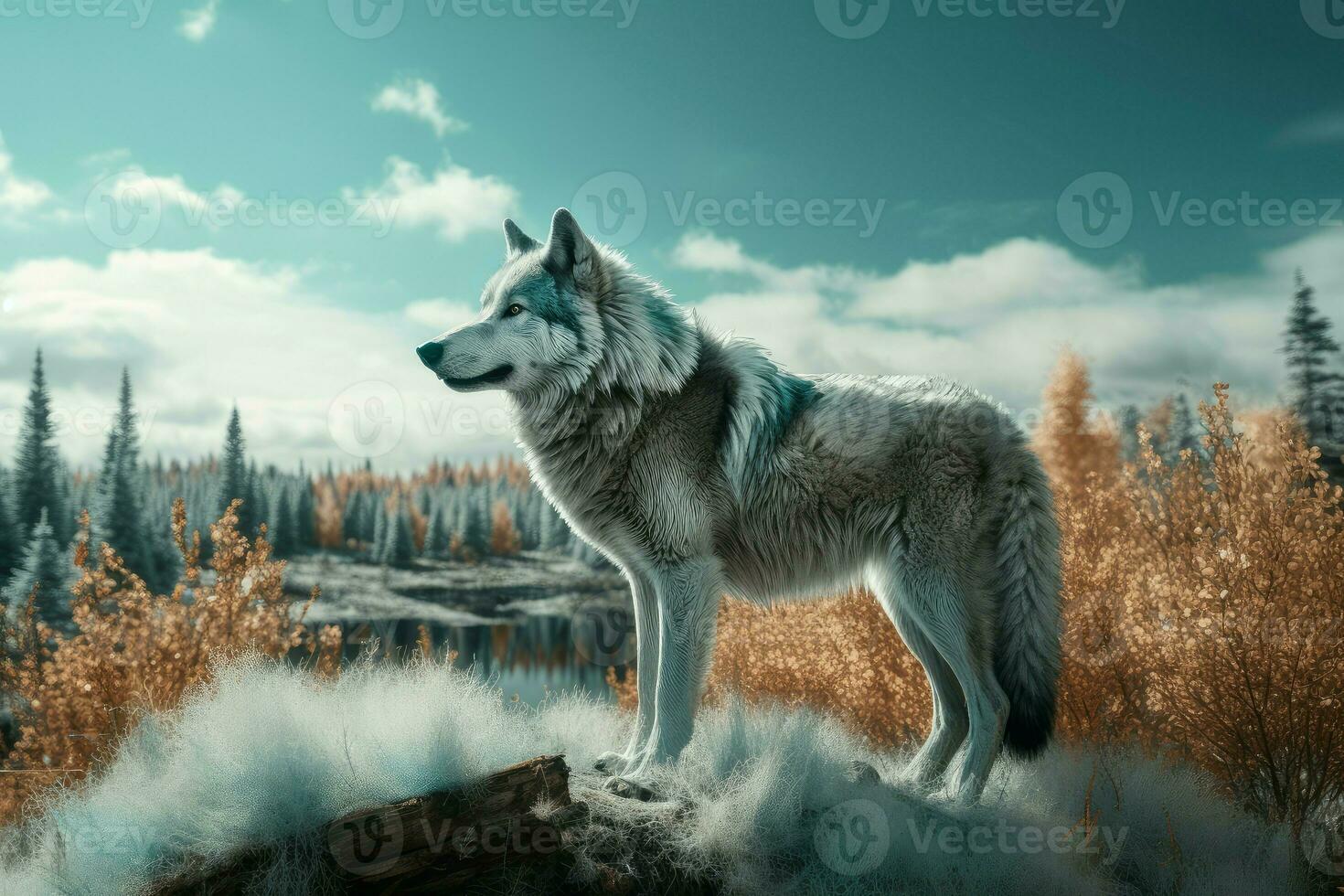 Northern landscape with wolf. Generate Ai photo