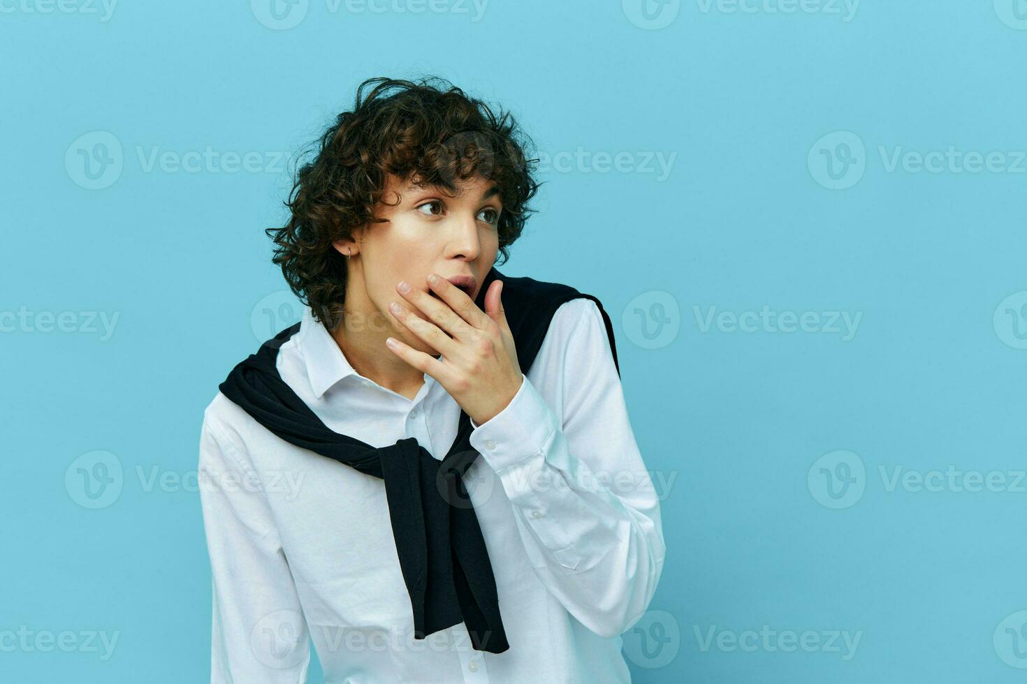 curly guy emotions posing white shirt expression Lifestyle fashion photo