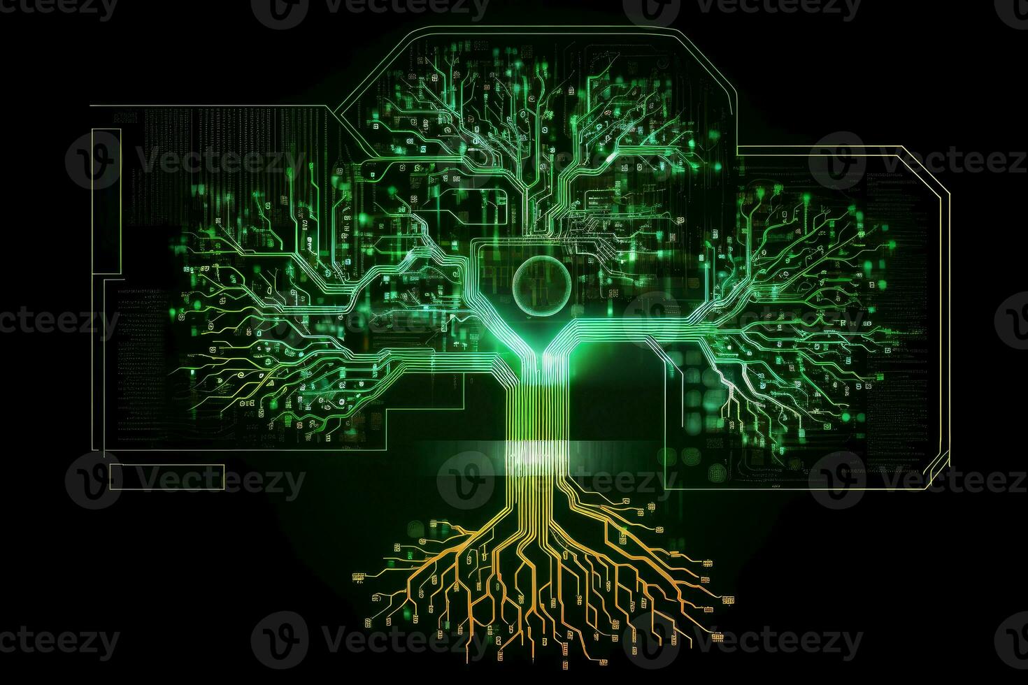 Green digital circuit tree. Generate Ai photo