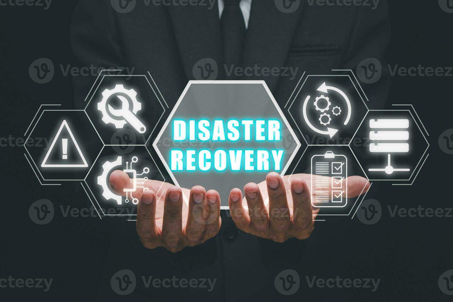 Disaster Recovery concept, Person hand holding disaster recovery icon on virtual screen background, Data loss prevention. photo