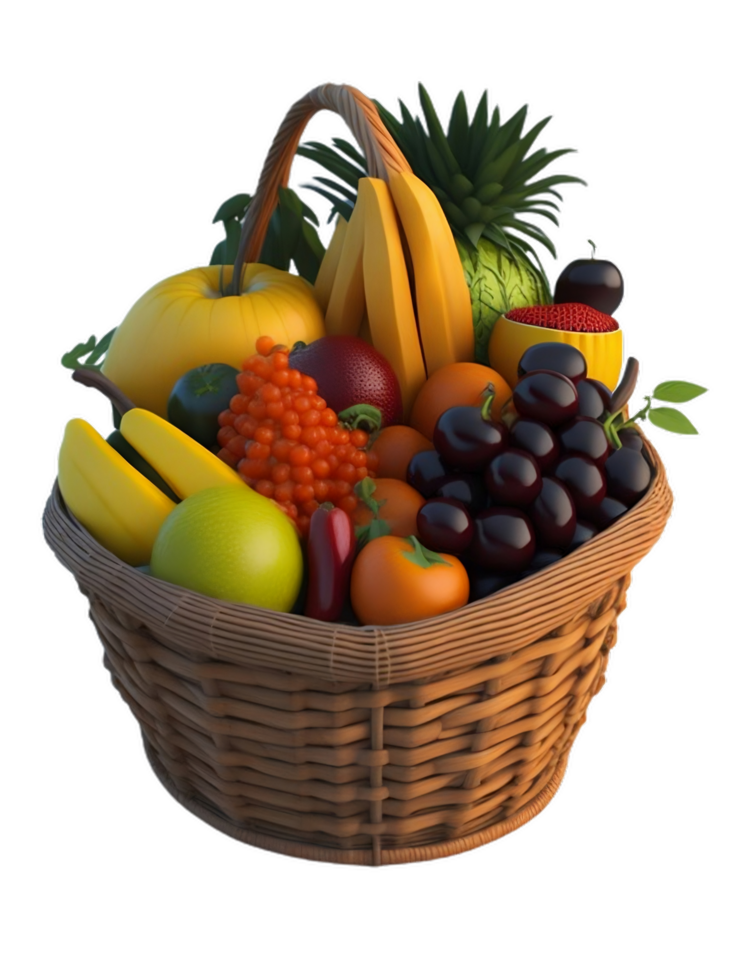 Busket full of different types of 3d fruits png free download