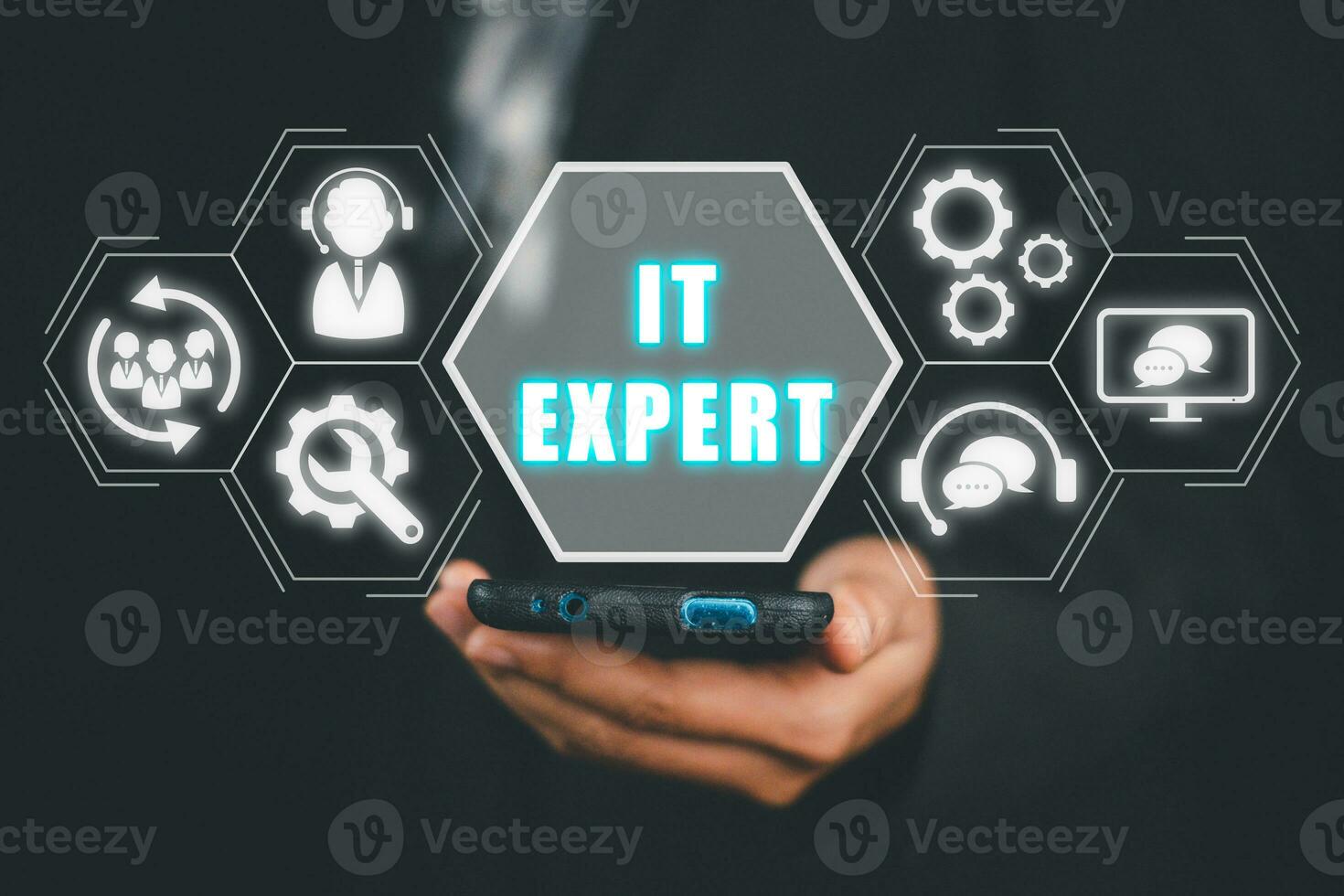 IT expert concept, Person hand touching mobile phone with IT expert icon on virtual screen, Information Technology Advice or Services. photo