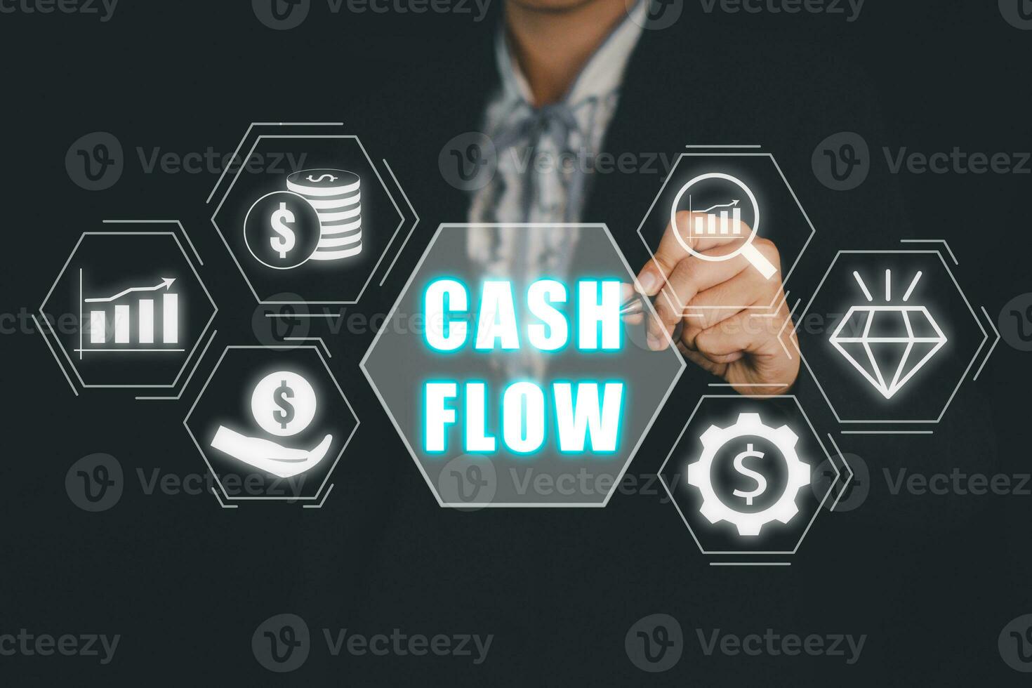 Cash flow concept, Business person hand select cash flow icon on virtual screen. photo