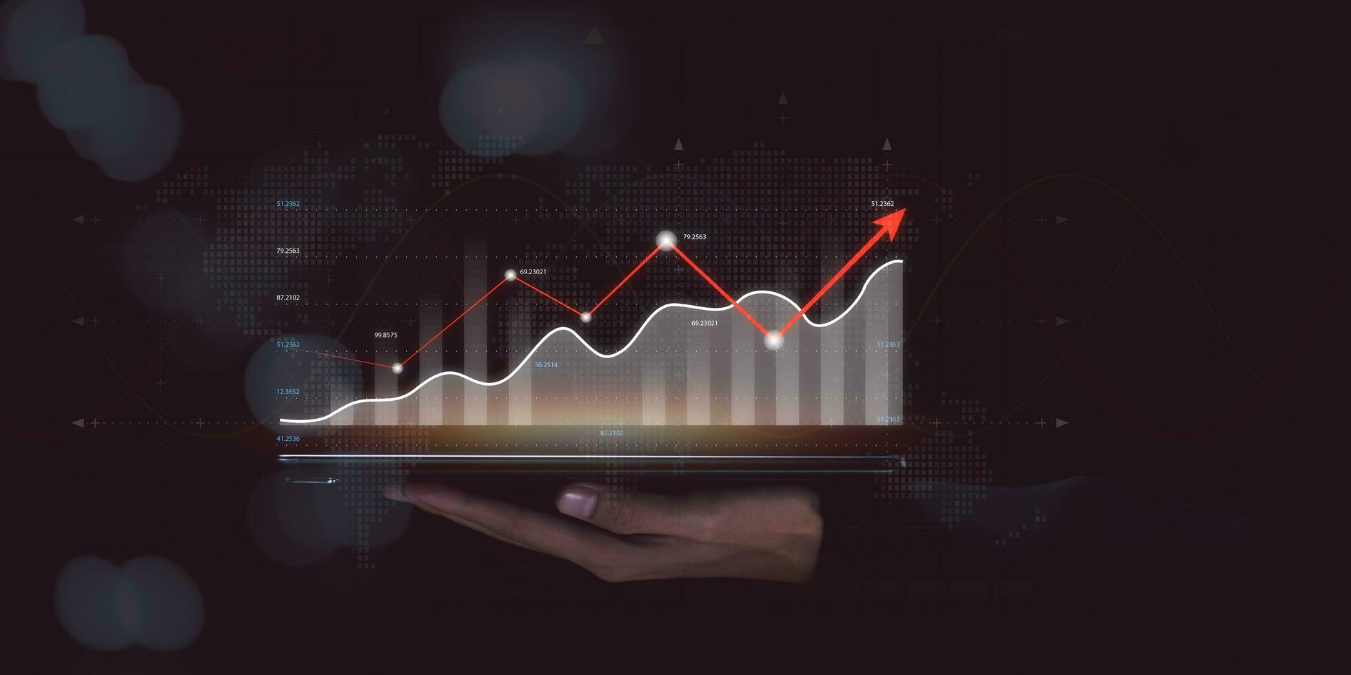 Businessman showing business growth and success graph ,concept of progress in development, financial efficiency and investment with business strategy for goals and opportunities in the industry future photo