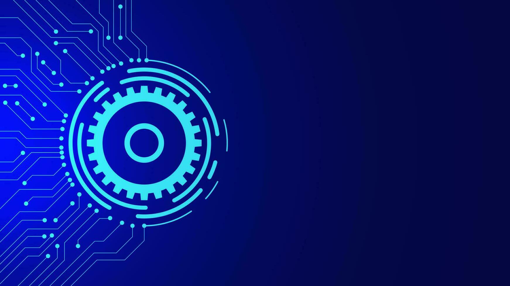 Digital technology and engineering concept with gears and electronic circuit board on dark blue background. Vector illustration.