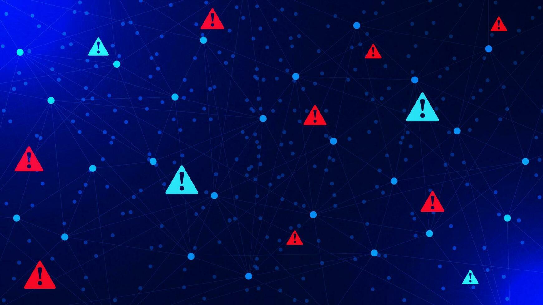Attention warning with exclamation mark. Dots and lines connection. Hacking and security protection concept background. Vector illustration.