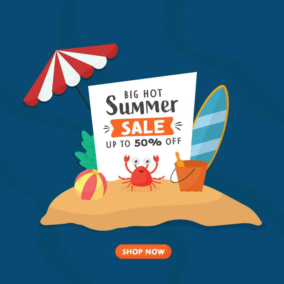 Summer Sale Poster Design With Discount Offer And Beach Elements On Blue Background. vector