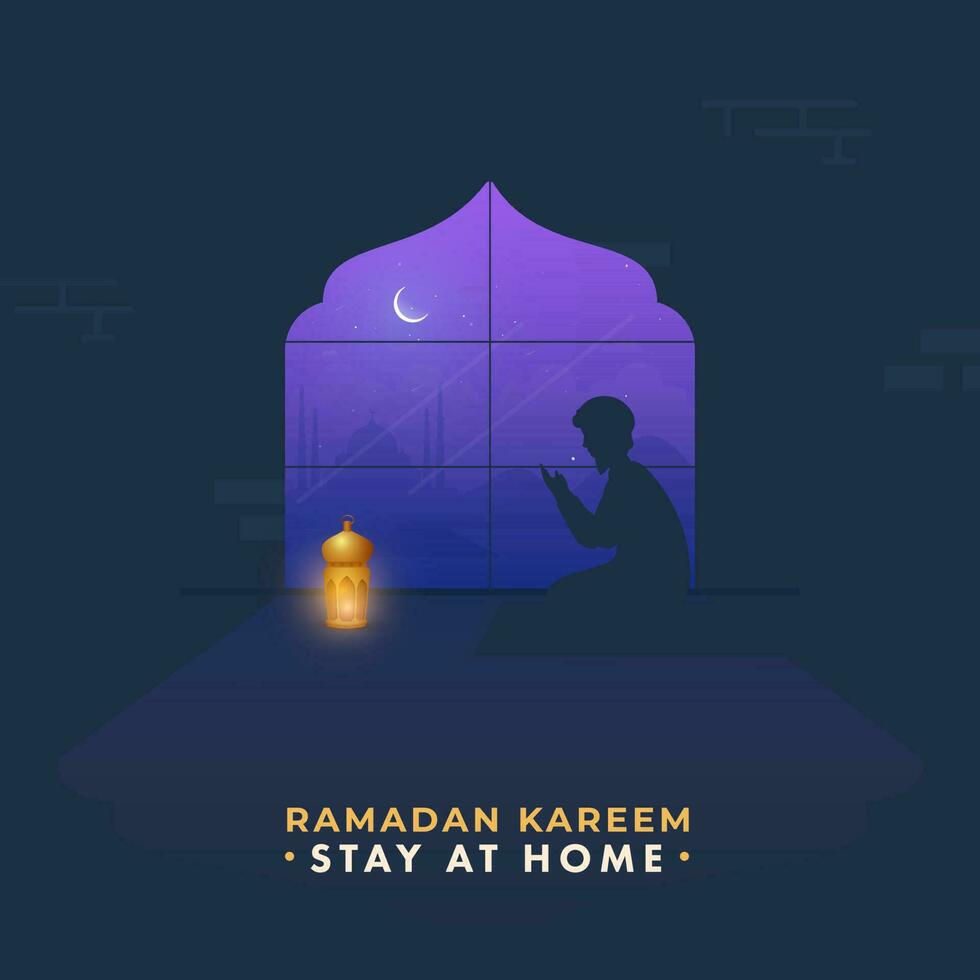 Silhouette Muslim Man Praying With Lit Lantern On Blue Night View Background On The Occasion Of Ramadan Kareem, Stay At Home To Prevent From Covid-19. vector