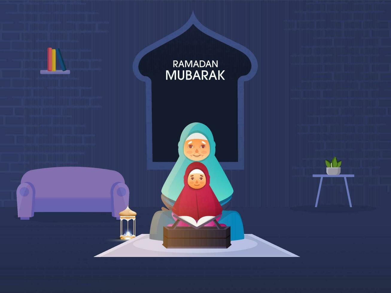 Muslim Older Woman With Her Granddaughter Reading Quran Together On Blue Interior Background For Ramadan Mubarak Concept. vector